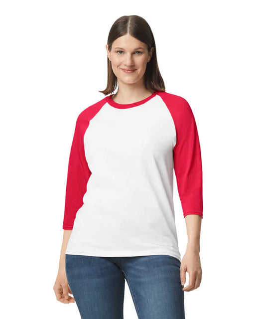 Gildan 5700 Heavy Cotton™ 3/4 Raglan Adult T-Shirt (White/trim Red)