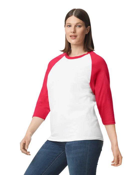 Gildan 5700 Heavy Cotton™ 3/4 Raglan Adult T-Shirt (White/trim Red)