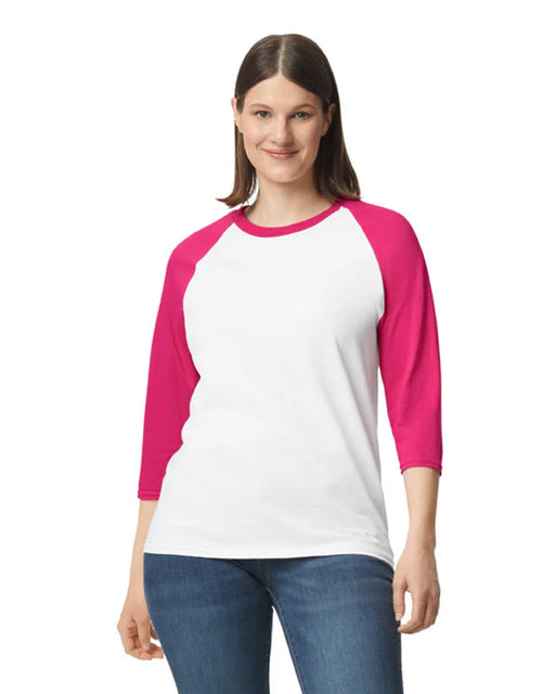 Gildan 5700 Heavy Cotton™ 3/4 Raglan Adult T-Shirt (White/trim Heliconia)