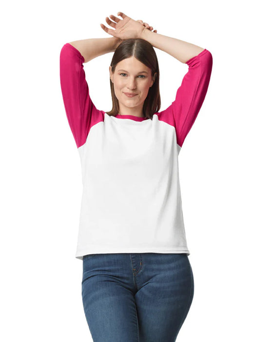 Gildan 5700 Heavy Cotton™ 3/4 Raglan Adult T-Shirt (White/trim Heliconia)
