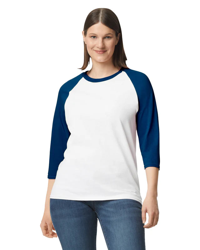 Gildan 5700 Heavy Cotton™ 3/4 Raglan Adult T-Shirt (White/trim Navy)