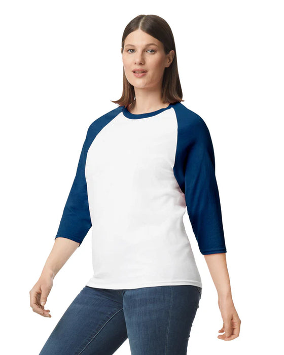 Gildan 5700 Heavy Cotton™ 3/4 Raglan Adult T-Shirt (White/trim Navy)
