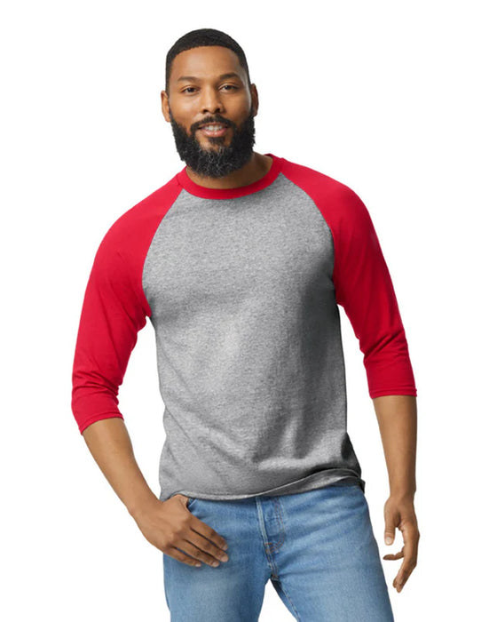 Gildan 5700 Heavy Cotton™ 3/4 Raglan Adult T-Shirt (Gray/trim Red)