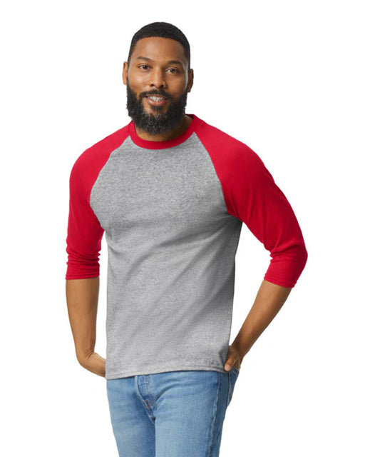 Gildan 5700 Heavy Cotton™ 3/4 Raglan Adult T-Shirt (Gray/trim Red)