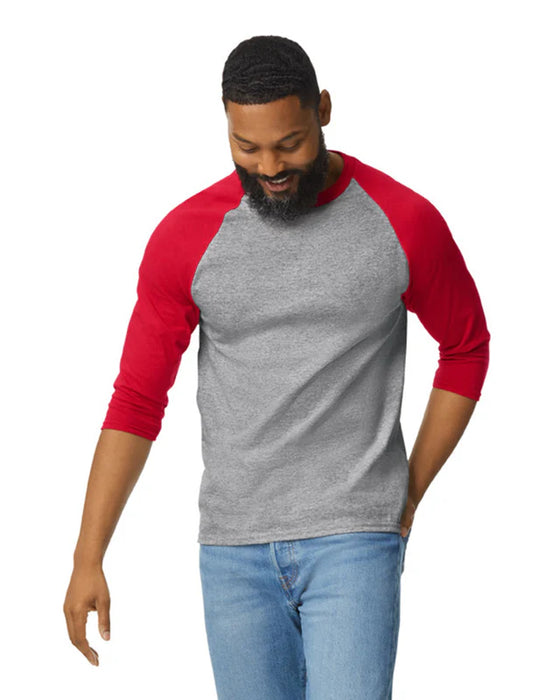 Gildan 5700 Heavy Cotton™ 3/4 Raglan Adult T-Shirt (Gray/trim Red)